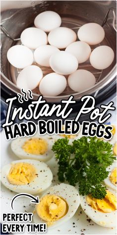 hard boiled eggs in an instant pot with text overlay