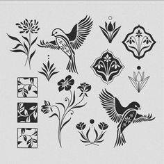 the different designs are drawn in black and white, including flowers, leaves, and birds