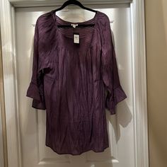 Avenue Size 26/28 Eggplant 3/4 Sleeve Flutter Top Spring Purple Half-sleeve Blouse, Spring Purple Half Sleeve Blouse, Summer Purple Half Sleeve Blouse, Purple 3/4 Sleeve Blouse For Spring, Purple Half Sleeve Tops For Spring, Spring 3/4 Sleeve Rayon Blouse, Spring Rayon Blouse With 3/4 Sleeves, Casual Purple Blouse 3/4 Sleeve, Casual Purple Blouse With 3/4 Sleeves