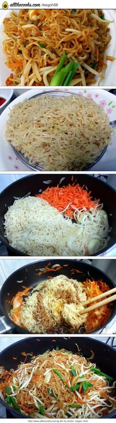 different types of food being cooked in wok pans with chopsticks on the side