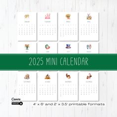 the mini calendar is displayed on a white wooden background with green border and numbers for each month