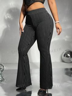 Style:Elegant \nColor:Black \nPattern Type:Striped \nWaist Line:Natural \nFit Type:Skinny \nType:Flare Leg \nTemperature:Spring/Fall (18-25℃/63-77℉) \nLength:Extra Long \nFabric:High Stretch \nMaterial:Knitted Fabric \nComposition:98% Polyester \nComposition:2% Elastane \nCare Instructions:Machine wash, do not dry clean \nBody:Unlined \nSheer:No \n Shein Icon, Flare Leg Pants, Plus Size Pants, Body Shapers, Fashion Online Shop, Online Fashion, All Fashion, Leg Pants, Men's Clothing