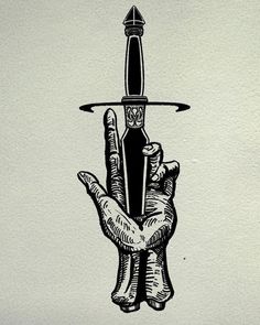 a black and white drawing of a hand holding a knife