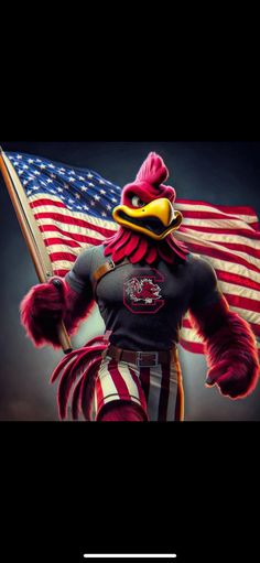 the mascot is holding an american flag in front of a black background with text that reads,