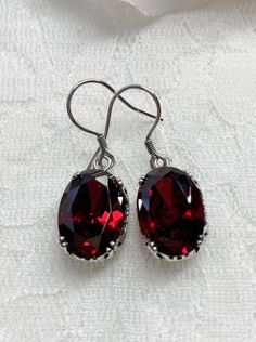 Red Garnet CZ Earrings, Sterling Silver Filigree, Edward #E70, Vintage Reproduction Jewelry, Silver Embrace Jewelry Classic Oval Red Earrings, Red Oval Classic Earrings, Red Oval Garnet Earrings, Red Garnet Oval Earrings, Red Oval Ruby Earrings, Classic Red Oval Earrings, Red Oval Earrings For Formal Occasions, Elegant Oval Garnet Earrings, Red Oval Earrings For Pierced Ears