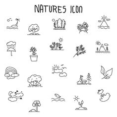 the nature icon set includes trees, plants and other things that are drawn in black ink