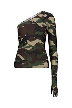 Vetements asymmetric top with glove sleeves in camouflage print, zip on the sleeve to reveal the hand Spring Military Style Fitted Tops, Fitted Military Tops For Spring, Fitted Camouflage Long Sleeve Tops, Fitted Military Style Top For Fall, Fitted Military Style Winter Tops, Glove Sleeves, Asymmetric Top, Top Clothing, Camouflage Print