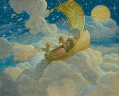 a painting of two people in a boat floating on clouds with the moon behind them