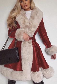 Red Leather Faux Fur Belted Long Coat Fall Outfit. It is fashionable, elegant and classy. It is good for cold weather. It is street style and trendy. The fabric is thick and fitted. It is good for young and adult women. It can be used as a blazer and dress . It is good for professional business work office look. Cold Weather Dress Outfits, Women Fur Coat, Fur Coat Outfit, Coat Elegant, Mode Mantel, Winter Jacket Women, Winter Fur Coats, Elegant Coats, Winter Fashion Outfits Casual