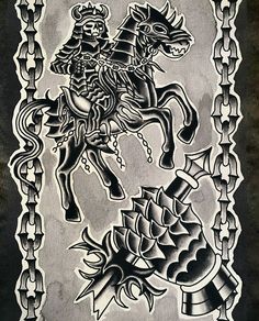 a black and white drawing of a man on a horse