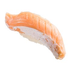 an orange piece of sushi on a white background