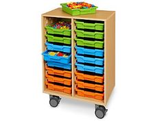 a toy storage unit with plastic bins and trays