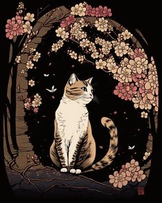 a cat sitting in the middle of a tree with flowers on it's branches