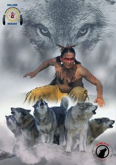 a man sitting on top of three wolfs in front of an image of him