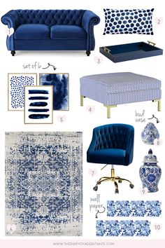 blue and white living room decor