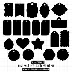 the black and white silhouettes of tags, tags, and other items are shown