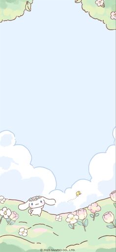 an image of a bunny in the sky with clouds and flowers on it's side