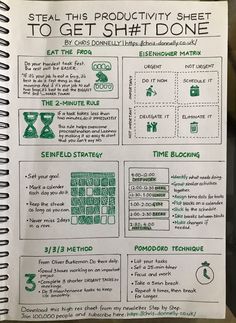 a spiral notebook with instructions on how to get sht done in green and white