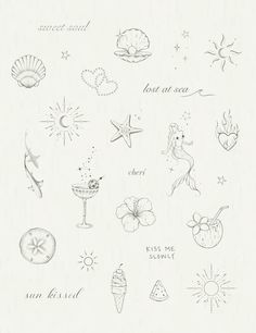 a drawing of different things that are drawn in pencil and ink on paper, with the words lost at sea above them