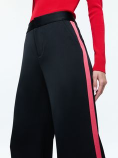 Dylan High Rise Wide Leg Pant With Racing Stripe Detail In Black/bright Ruby Black Wide Leg Pants With Contrast Stripes, Wide Leg Bottoms With Side Stripes For Spring, Black Wide-leg Pants With Contrast Stripes, Straight Pants With Contrast Stripes For Spring, Chic Pants With Contrast Stripes, Chic Trousers With Contrast Stripes, Contrast Stripes Bottoms For Workwear, Wide Leg Bottoms With Contrast Trim For Work, Sporty Wide Leg Bottoms With Contrast Stripes