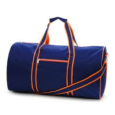 a blue and orange duffel bag with the word'nnuq'on it