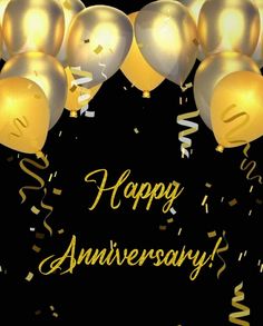 gold and silver balloons with confetti in the air on a black background that says happy anniversary