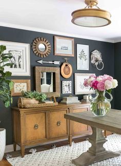 eclectic mix gallery wall in home office Black Paint Color, Eclectic Gallery Wall, Favorite Paint Colors, Paint Colors Benjamin Moore, Farmhouse Wall Decor, Decoration Wall