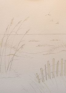 a drawing of sand dunes and seagulls in the background