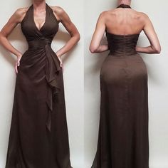 Milano Formals Chocolate Brown Chiffon Pleated Plunging Neckline Halter Dress. Show Off All Your Beautiful Curves And A Little Skin With This Chiffon Maxi Formal Dress By Milano Formals! - New With Tag, Nwt - Milk Chocolate Brown Chiffon - Halter Neckline, Hook Closures - Deeply Pleated Padded Bust - Deep V-Neck, Plunging Neckline, Surplice Neckline - Pleated Fitted Waist With A Long Chiffon Sash - A-Line Skirt - Hidden Back-Zip And Hook Closures Size Medium, 8-10 Approximate Measurements(Flatla Fitted Backless Chiffon Dress, Chiffon Halter Neck Evening Dress, Elegant Brown Backless Maxi Dress, Fitted Chiffon V-neck Dress With Ruched Bodice, Chic Fitted Chiffon Halter Neck Dress, Fitted Chiffon Halter Neck Dress, Fitted Chiffon Halter Dress, Elegant Brown Halter Neck Maxi Dress, Elegant Halter Neck Chiffon Dress