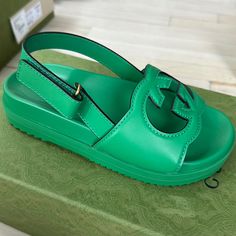 Questions? Leave A Comment Below! Gucci Slingback Sandals With Heel Strap, Luxury Green Open Heel Sandals, Luxury Green Open Toe Sandals, Gucci Open Toe Calf Leather Sandals, Gucci Calf Leather Open Toe Sandals, Luxury Flat Platform Sandals, Gucci Designer Slingback Sandals, Gucci Leather Slingback Sandals, Designer Gucci Slingback Sandals