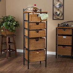 an iron and wicker storage unit with five baskets on it in a living room