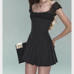 Y2k Coquette Stripped Lace Pleated Mini Dress Women 2024 – Queencloth Strap Dress Summer, Y2k Coquette, Pleated Mini Dress, Mini Dresses For Women, Striped Short, Lace Fashion, Evening Attire, Glamorous Evening Gowns, Mini Dress Party