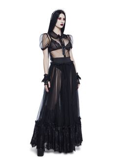 Widow Sheer Tulle Maxi Skirt With Satin Ties - Black Black Sheer Flowy Skirt, Long Black Skirt Goth, Black Flowy Gothic Maxi Skirt, Widow Dollskill, Dolls Kill Skirt, Tulle Maxi Skirt, Red Mini Dress, Dolls Kill, Flare Pants