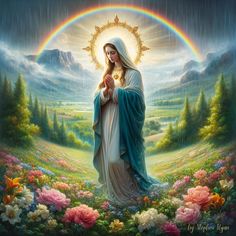 a painting of the immaculate mary in front of a rainbow with flowers and trees around her