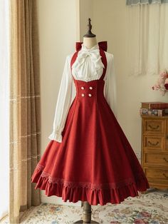 In Stock South of the Forest Halter Underbust Classic Red / Blue Lolita Dress JSK Gaun Abad Pertengahan, Ribbon Blouse, Neck Ribbon, Old Fashion Dresses, Jumper Skirt, Bow Blouse, Sling Dress, Vestidos Vintage, Mori Girl