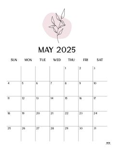 the may calendar is shown in black and white, with a pink flower on it