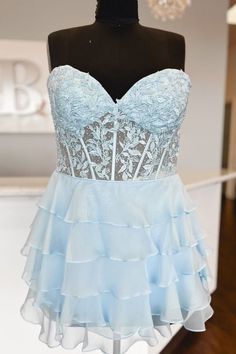 Strapless Light Blue Applique Beaded Ruffle Homecoming Dress Floral Print Prom Dress, Homecoming Dresses For Teens, Feather Prom Dress, Tiered Prom Dress, Printed Prom Dresses, Velvet Prom Dress, Girls Pageant Dresses, Prom Dresses Two Piece, Burgundy Bridesmaid Dresses