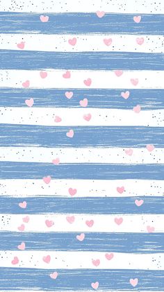 a blue and white striped background with pink hearts