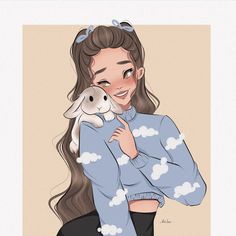 a drawing of a girl holding a bunny in her arms and smiling at the camera