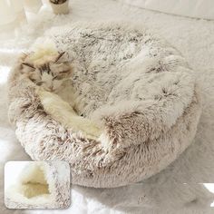 a cat curled up in a pet bed on top of a white fluffy carpeted floor