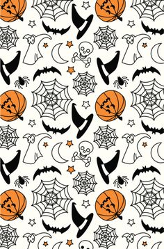 halloween themed wallpaper with pumpkins, bats and spider webs on white background