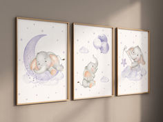 three framed pictures with elephants on them hanging in a wall next to a window and balloons