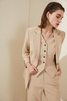 Khaki Three pcs Elegant Blazer, Vest Business PantSuit - FashionByTeresa 3 Piece Suit Women, Womens Business Pants, Female Suits, Bond Style, Color Dresses, Elegant Blazers, Stylish Fall Outfits, Business Suits, Pant Suits