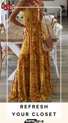 Celeste Boho Printed Strap Elastic Waist Maxi Dresses Yellow Boho Print Maxi Dress For Spring, Casual Yellow Boho Print Dress, Yellow Maxi Dress For Vacation, Yellow Floral Print Non-stretch Dress, Fall Vacation Maxi Dress Non-stretch, Non-stretch Maxi Dress For Fall Vacation, Yellow Long Sleeve Dress With Boho Print, Yellow Long Sleeve Boho Print Dress, Long Sleeve Yellow Dress With Boho Print