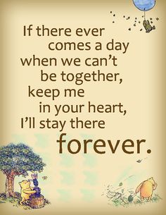 winnie the pooh quote with an image of two children under a tree and a balloon