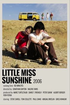 the poster for little miss sunshine shows two young boys sitting in front of a yellow truck