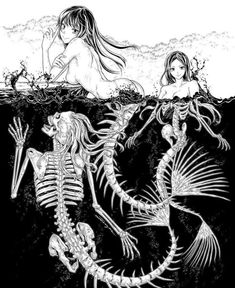 two mermaids and a skeleton in the water