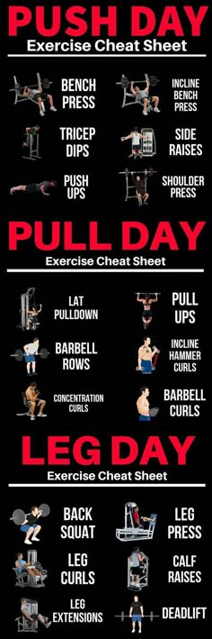 an exercise chart with the words push day, pull - up and leg day