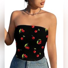 Casual Fruit&Vegetable Strapless Sleeveless Asymmetrical, Backless Asymmetrical Crop Slim Fit Slight Stretch Knitted Fabric 95% Polyester, 5% Elastane Machine Wash Or Professional Dry Clean Gingham Jacket, Denim Maxi Skirt, Red Blazer, Cherry Print, Summer Color, Pink Plaid, Knitted Tank Top, Henley Shirts, Tweed Jacket