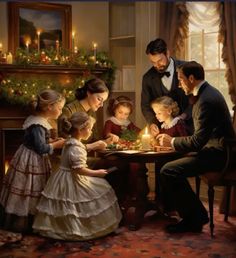 a painting of a family gathered around a table with a lit candle in the middle